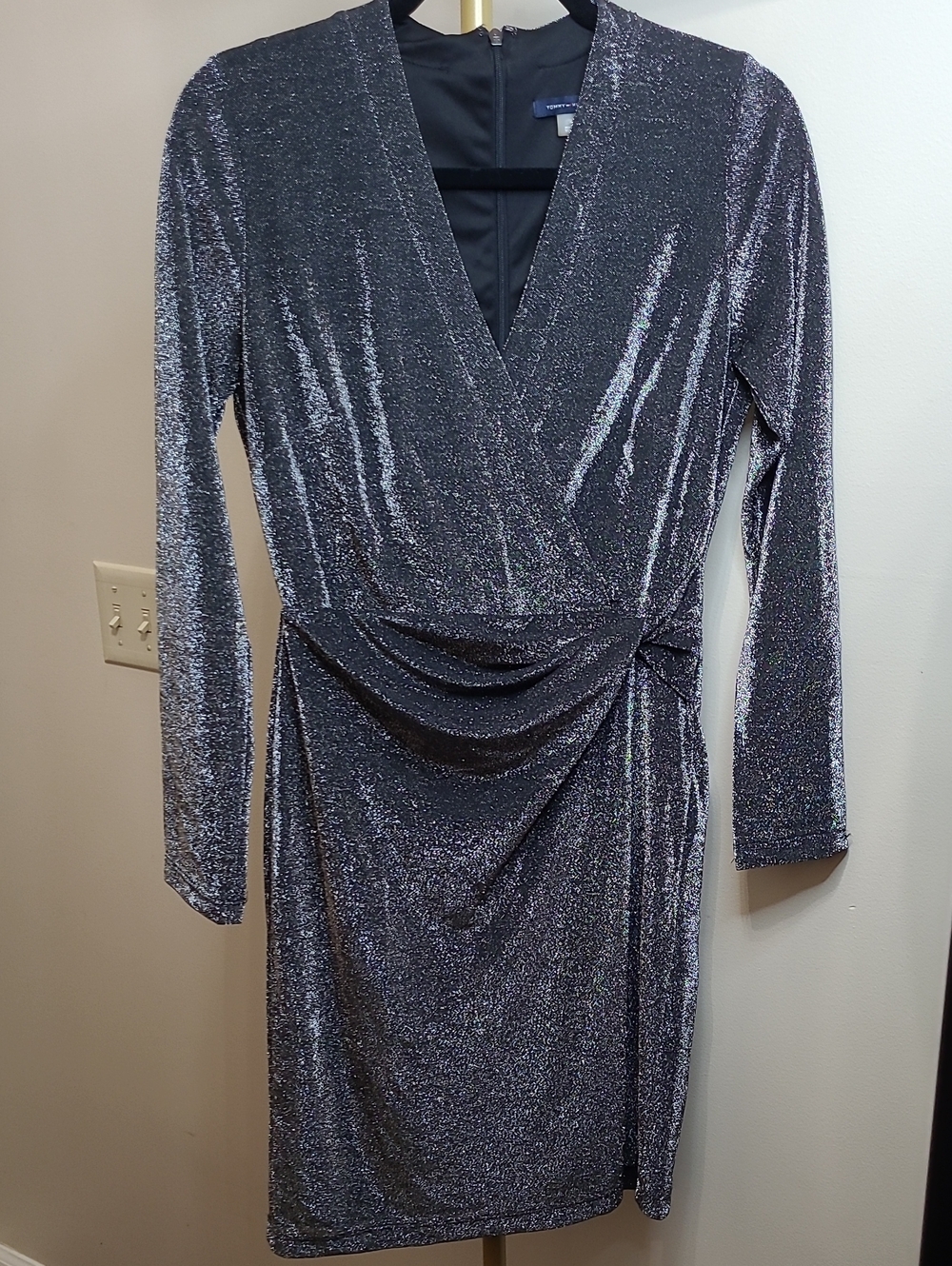 Tommy Hilfiger Dark Silver Shimmer Long Sleeve Mock Wrap Dress size 4